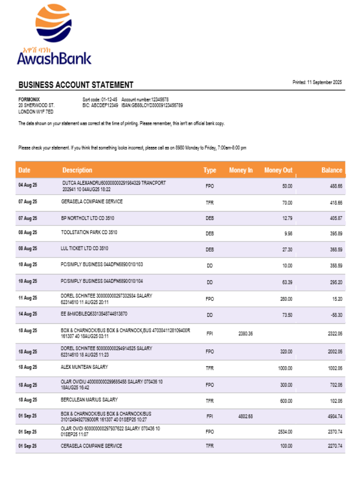 Modèle Word et PDF de relevé de compte d'entreprise Awash Bank